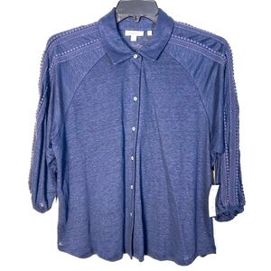 Chicos Size 2 US L Slub Linen Button Up Top Crochet Bobble Trim 3/4 Sleeves Blue